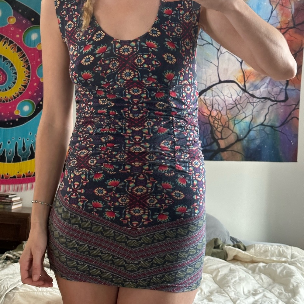 Free People Dress Tunic Rainbow Mini Short Sleeve V Neck Size Small Colorful